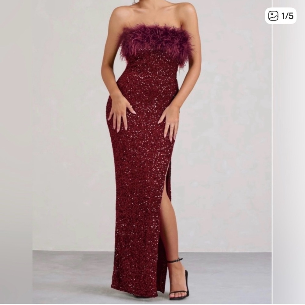 Club L London Burgundy Strapless Sequin Gown with Feather Trim